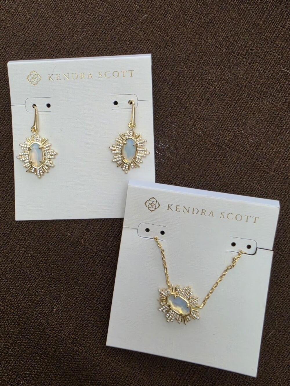 Kendra Scott Gold and Opal-Like Sunburst Drop Earrings & Necklace Set NWT